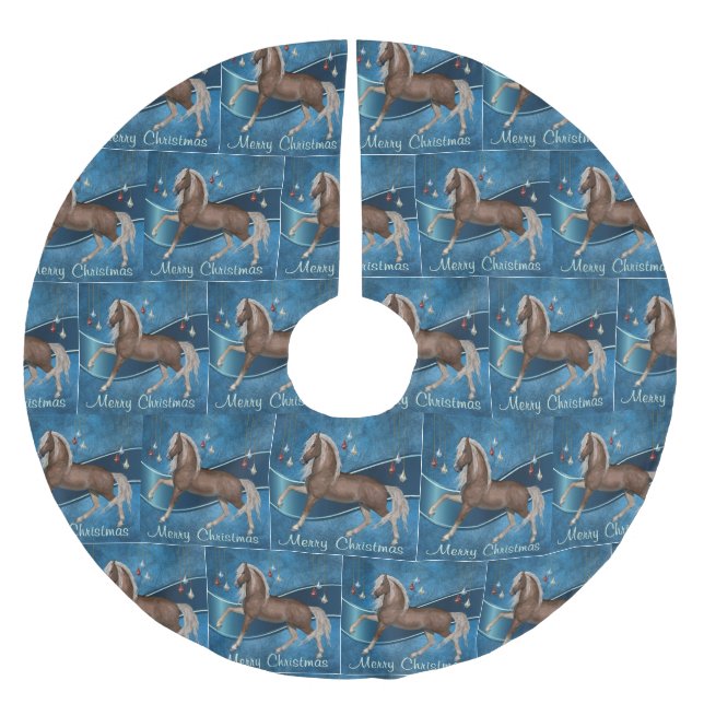 Horse With Blue Ribbon Merry Christmas Brushed Polyester Tree Skirt (Front)
