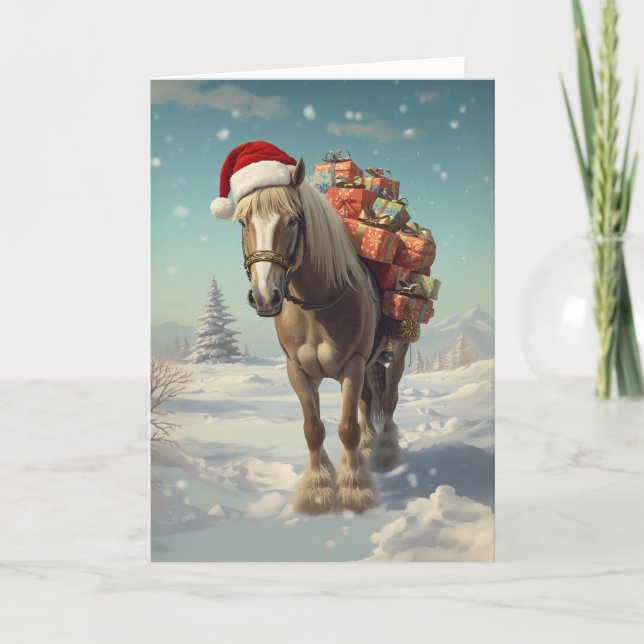 Horse with Christmas presents in the snow Card (Front)