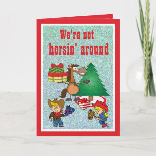 Horse With Gifts and Stick Horse Kids Holiday Card