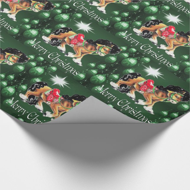 Horse With Green Ornaments  Green Merry Christmas Wrapping Paper (Corner)
