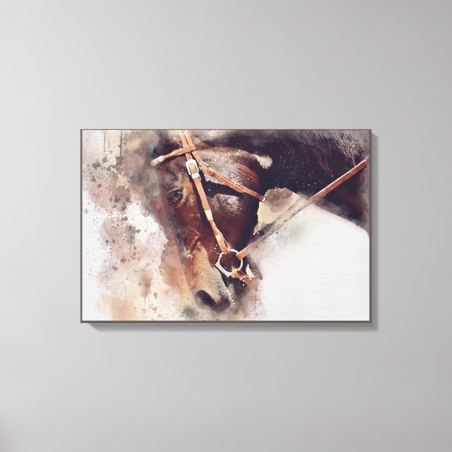 HORSE WITH HARNESS. BROWN HORSE HEAD ILLUSTRATION CANVAS PRINT (Front)