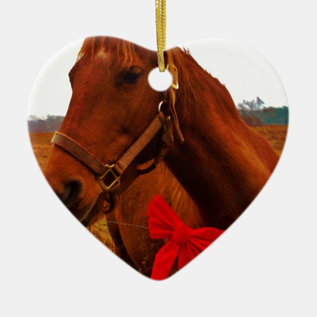 Horse with Red Bow Ceramic Ornament (Front)