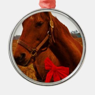 Horse with Red Bow Metal Ornament