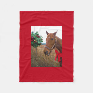 Horse with Red Bow Mistletoe Fleece Blanket
