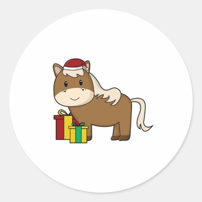 Horse with Santa hat & Gifts Classic Round Sticker (Front)