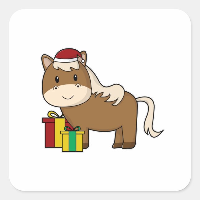 Horse with Santa hat & Gifts Square Sticker (Front)