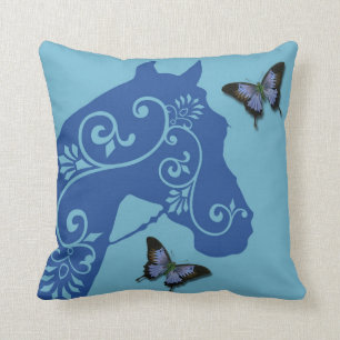 Horse with swirls in blue pillow