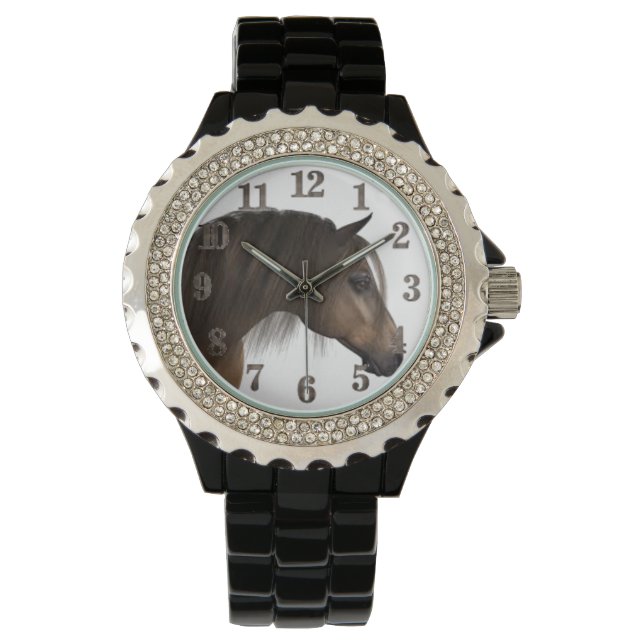 Horse Women's Rhinestone Black Enamel Watch (Front)