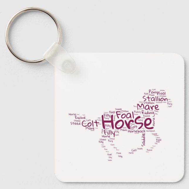 Horse Word Cloud Unique Design in Maroon Keychain (Front)