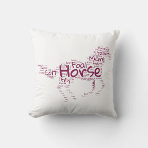 Horse Word Cloud Unique Design in Maroon Throw Pillow
