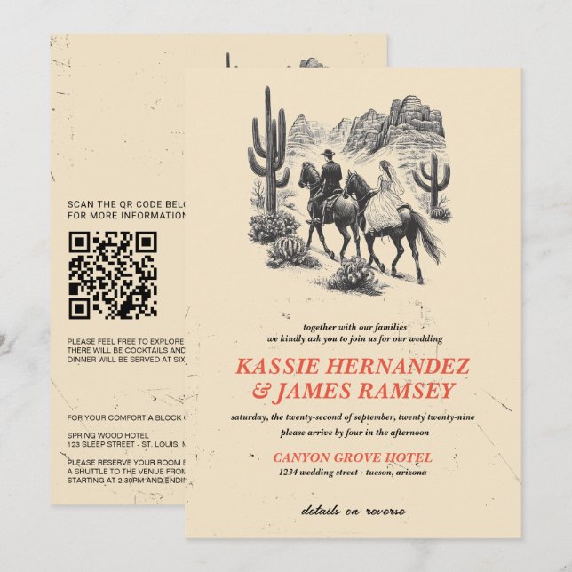Horseback Canyon Couple with QR Code and Details Invitation (Front/Back)
