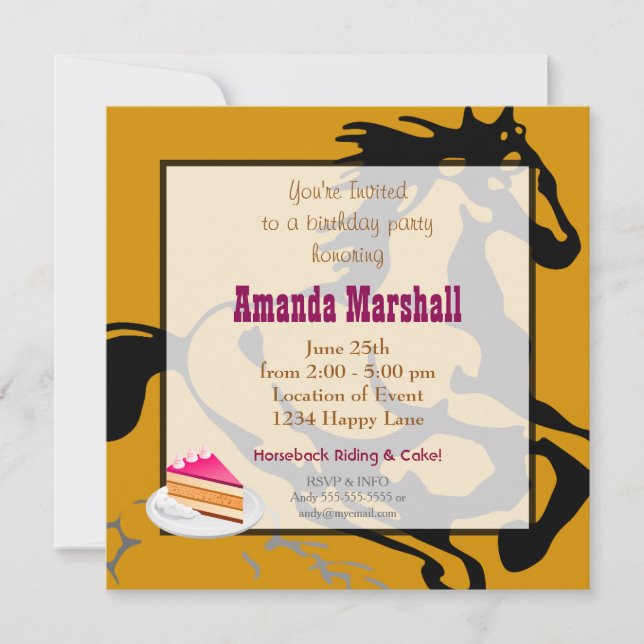 Horseback Riding and Cake Birthday Party Invitation (Front)