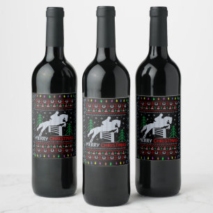 Horseback Riding Jumping Merry Christmas Wine Label