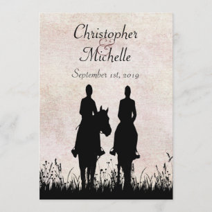 Horseback Riding Silhouette Couple Sunset Wedding Invitation