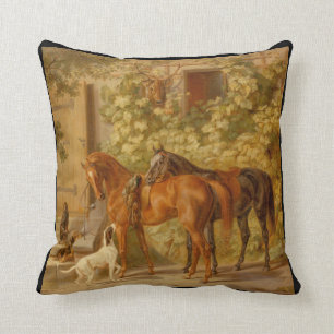 Horses and Dog in Courtyard Throw Pillow