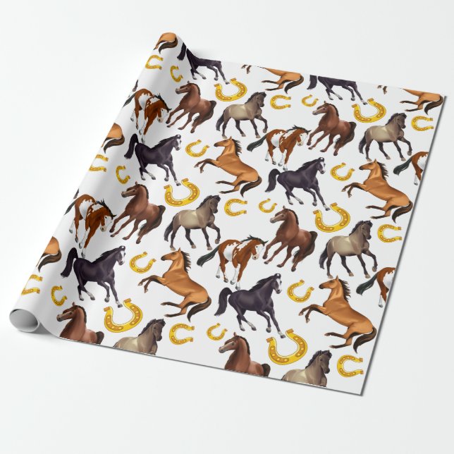 Horses and horse shoe pattern collage wrapping paper (Unrolled)