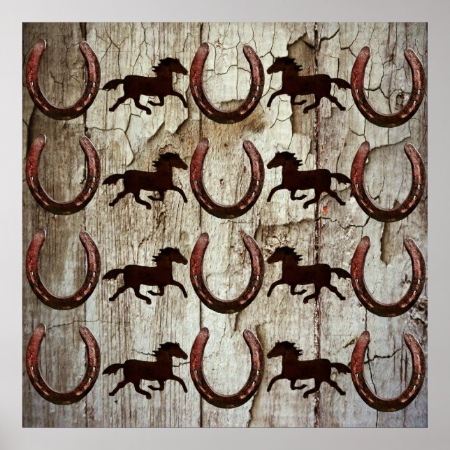 Horses and Horseshoes on Barn Wood Cowboy Gifts Poster (Front)