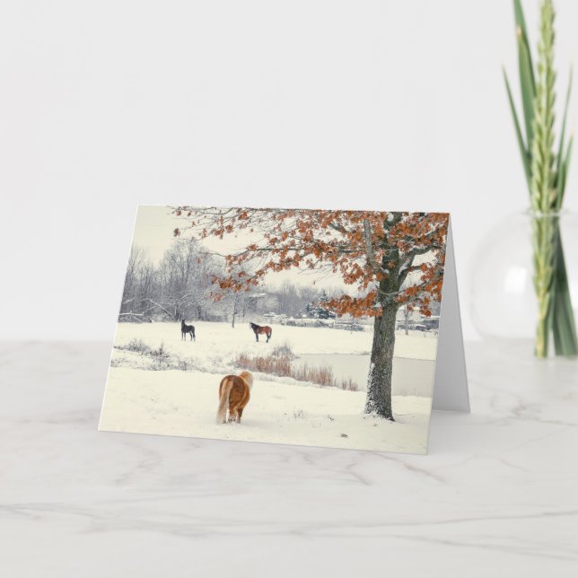 Horses and Pony in Snow By a Lake During Winter Thank You Card (Front)