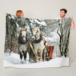 HORSES and SLEIGH in the SNOW Fleece Blanket