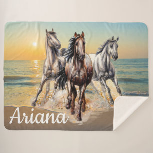 Horses and Sunset on the Beach  Sherpa Blanket