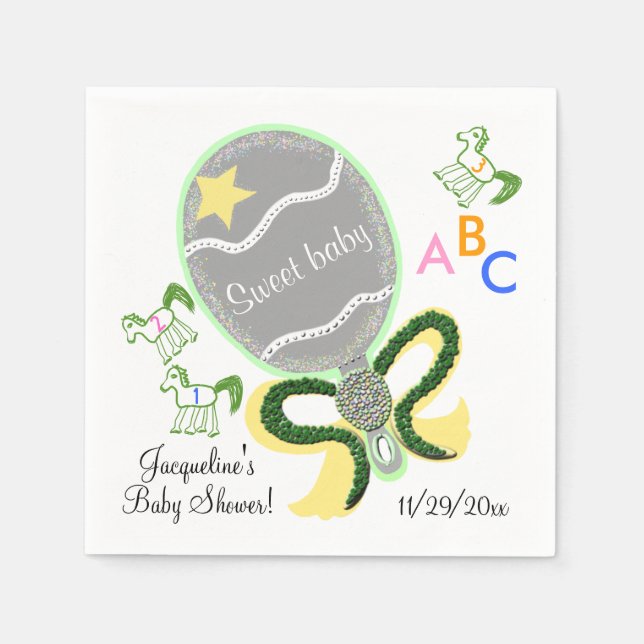 Horses and Yellow Green Baby Rattle Baby Shower Napkin (Front)