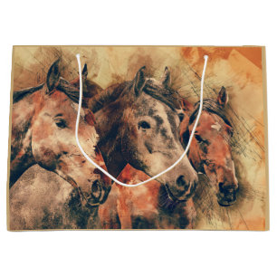 Horses Artistic Watercolor Painting Decorative Large Gift Bag