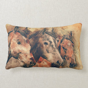 Horses Artistic Watercolor Painting Decorative Lumbar Pillow