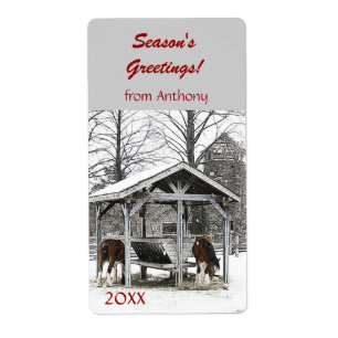 Horses at stable Season's Greetings wine label