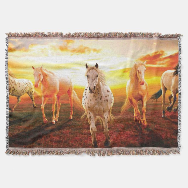 Horses at sunset throw pillow blanket (Front)