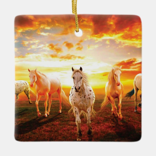 Horses at sunset throw pillow ceramic ornament (Front)