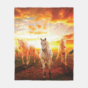 Horses at sunset throw pillow fleece blanket