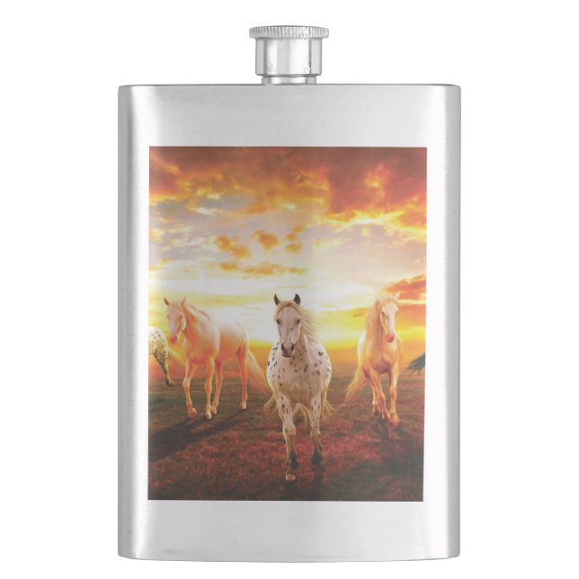 Horses at sunset throw pillow hip flask (Front)