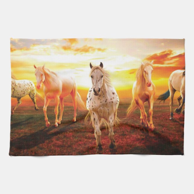 Horses at sunset throw pillow kitchen towel (Horizontal)