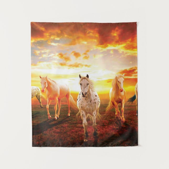 Horses at sunset throw pillow tapestry (Front)
