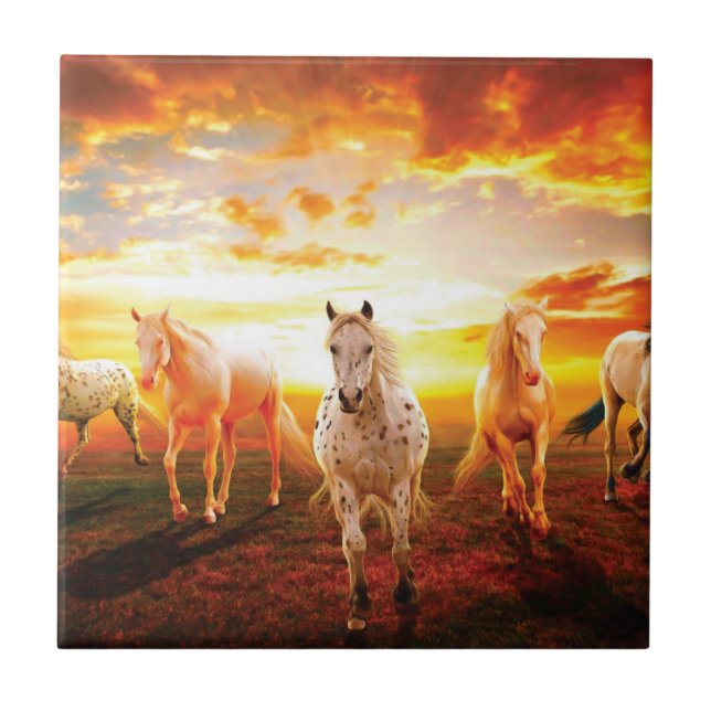 Horses at sunset throw pillow tile (Front)