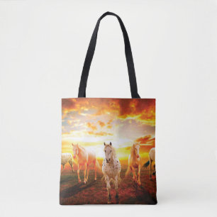 Horses at sunset throw pillow tote bag