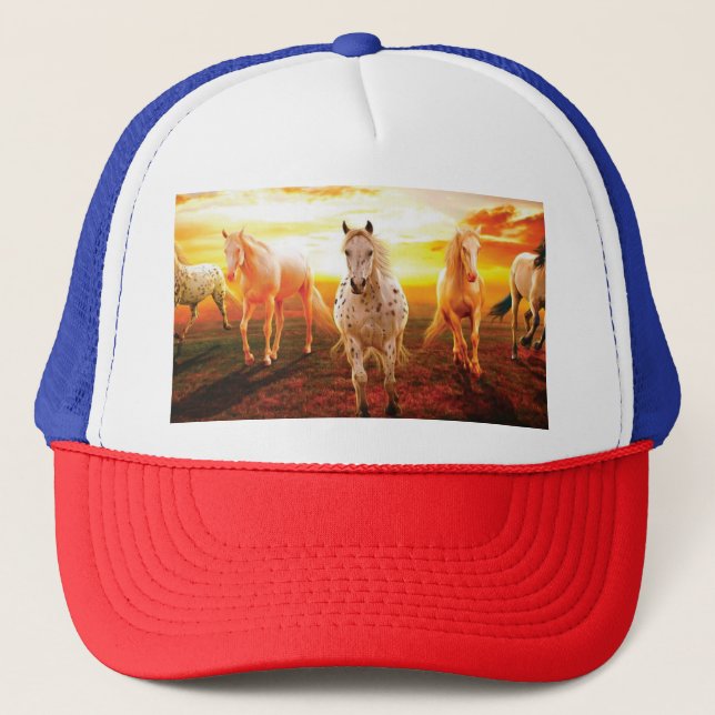 Horses at sunset throw pillow trucker hat (Front)