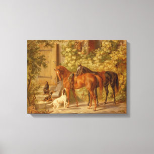 Horses At The Porch By Albrecht Adam Canvas Print