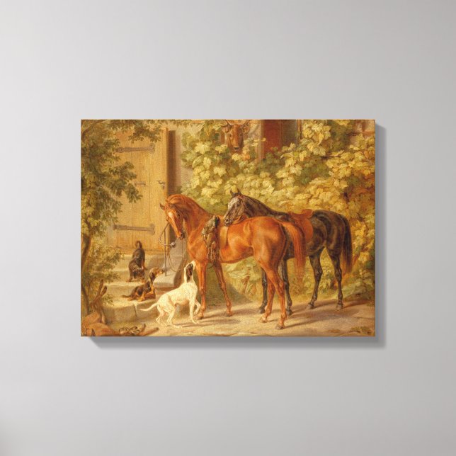 Horses At The Porch By Albrecht Adam Canvas Print (Front)