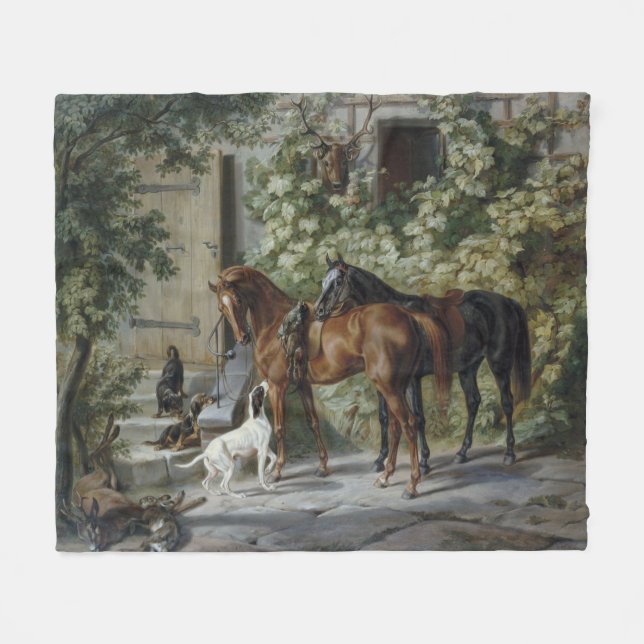 Horses at the Porch (by Albrecht Adam) Fleece Blanket (Front (Horizontal))