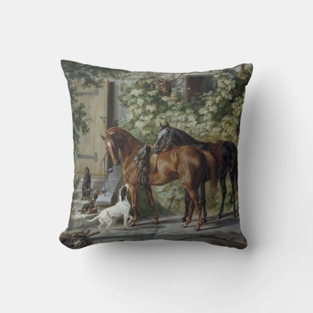 Horses at the Porch (by Albrecht Adam) Throw Pillow (Front)