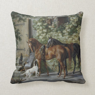 Horses at the Porch (by Albrecht Adam) Throw Pillow