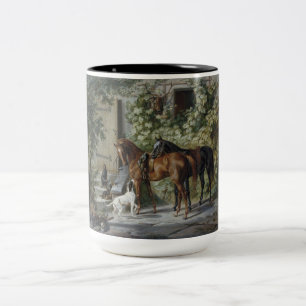 Horses at the Porch (by Albrecht Adam) Two-Tone Coffee Mug