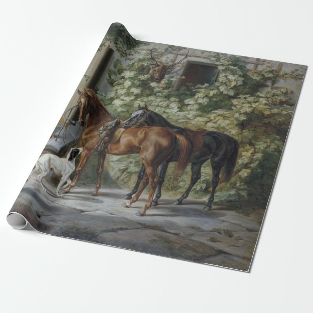 Horses at the Porch (by Albrecht Adam) Wrapping Paper (Unrolled)