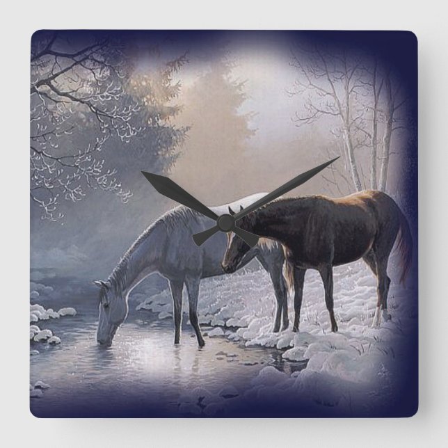 Horses at winter stream Wall Clock (Front)
