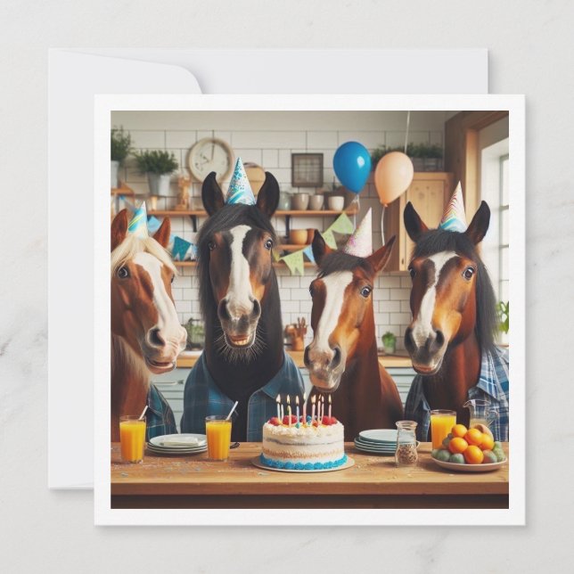 Horses celebrating birthday w/cake and hats, boy invitation (Front)