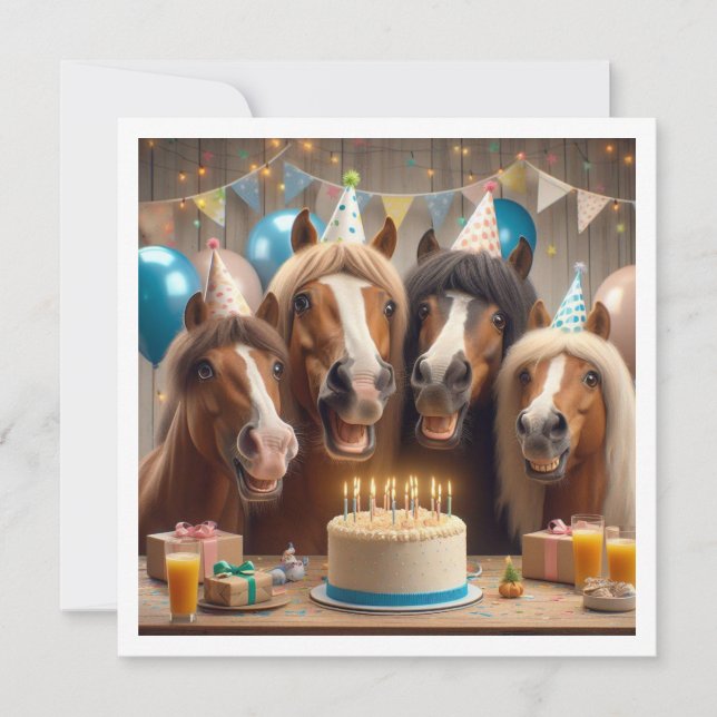 Horses celebrating birthday w/cake and hats invitation (Front)