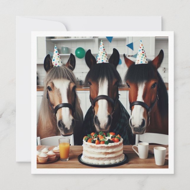 Horses celebrating birthday w/cake and hats invitation (Front)