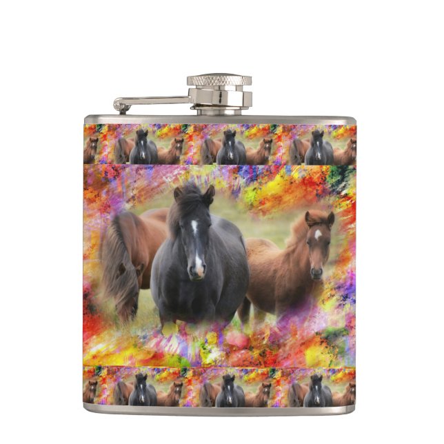 Horses Colourful Hip Flask (Front)