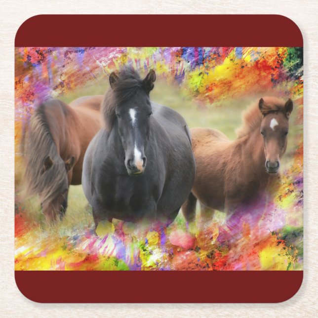 Horses Colourful Square Paper Coaster (Front)
